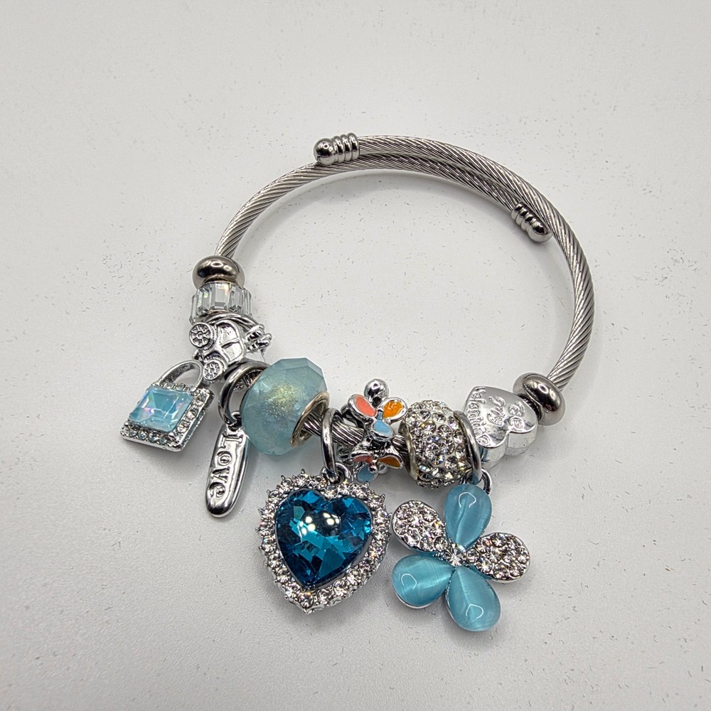 Silver Tone Cable Wire Charm Bangle Bracelet Blue Heart Butterfly Love Charms